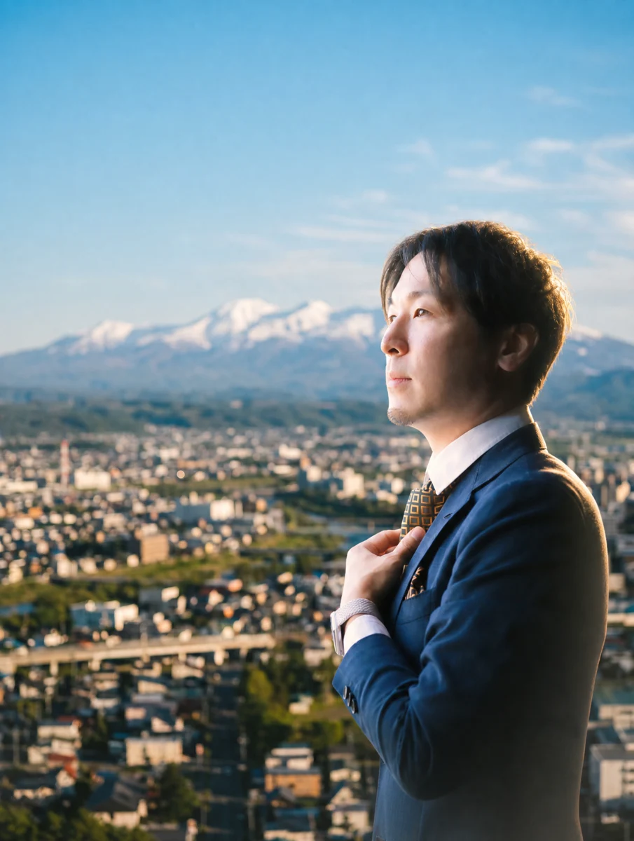 旭川の街並みを背景にした株式会社REMIUM代表取締役 池田翔